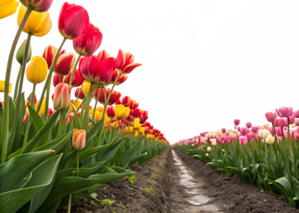 pink, red and orange tulip field isolated on white background, PNG. AI Generated 