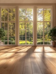 Bright interior with large windows overlooking lush garden greenery and wooden floor creating a serene atmosphere