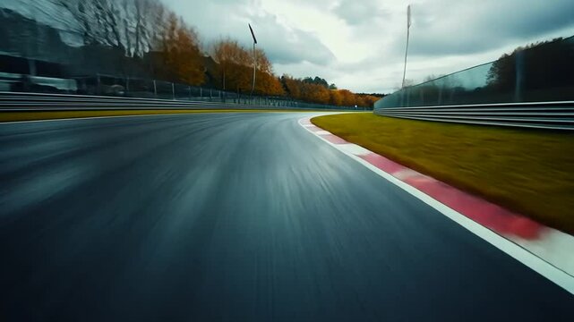 Dynamic Low Angle Shot of a Wet Racetrack During a Cloudy Day Providing a Sense of Speed