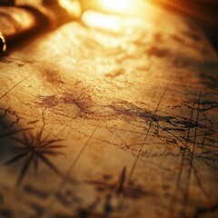Naklejka premium An old detailed antique map illuminated with warm sunlight glow