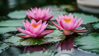 Pink Lotus Flowers Growing In A Body Of Water. The Vibrant Pink Blooms Stand Out Against The Green Leaves In The Water.