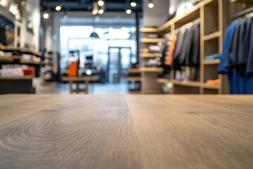 Fototapeta premium Retail interior shows clothing displays and wooden table in focus with natural light coming from the entrance