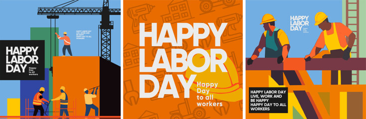 Happy Labor Day! 1 May. Vector illustration of construction site, builders, pattern, logo, helmet, crane for greeting card, poster, background and flyer