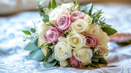 Obraz premium A beautifully arranged bouquet of pastel pink and white roses, tied with a silky ribbon, surrounded by fresh, vibrant green leaves.