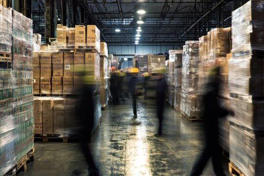 Warehouse workers efficiently moving pallets during a busy day in a distribution center