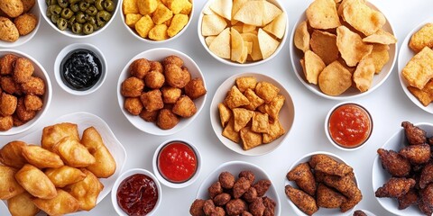 Obraz premium Assortment of various fried foods and dipping sauces arranged in bowls