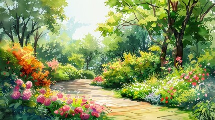 Colorful park path, vibrant flowers, lush trees, sunny day