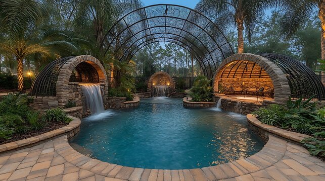 Luxurious backyard oasis with pool, waterfalls, and stone grottos.