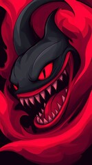A vibrant, menacing creature with sharp teeth and glowing red eyes emerges from dark, swirling shadows, creating a dramatic, intense atmosphere.