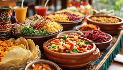 Fototapeta premium Traditional Mexican Cuisine At A Fiesta Party Buffet Table Featuring An Assortment Of Authentic Dishes For The Ultimate Celebration Spread.