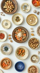 Several decorative ceramic bowls filled with various food items