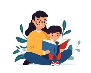 Mother reading book to child outdoors, foliage background, education illustration