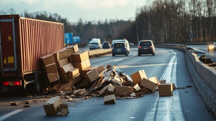 A truck has spilled its cargo across the highway, creating a frustrating traffic situation as drivers navigate around the scattered boxes