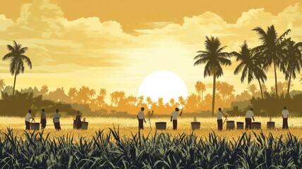Farmers Harvesting Crops at Sunset Under Palm Trees