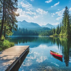 Obraz premium Peaceful lake, wooden dock, mountains, canoe