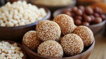 Sesame Seed Balls in Wooden Bowl Sweet Treats