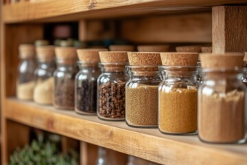 Glass jars filled with various spices and ingredients on shelf