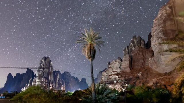 Time lapse of stars motion in Wadi Disah, with beautiful rock and date tree in Tabuk,  Saudi Arabia