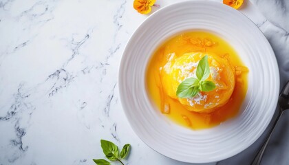 Delicious Thai Dessert Dish: Topview Of Pumpkin In Syrup With Coconut Milk - A Tasty And Unique Treat For Your Taste Buds.