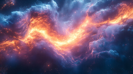 Nebula's Embrace: A mesmerizing cosmic vista unveils a breathtaking nebula ablaze with celestial fire, swirling amidst a tapestry of ethereal colors.