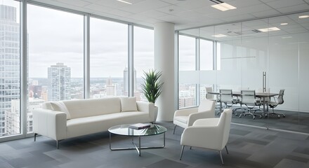 Modern office lounge with sleek furniture and city view