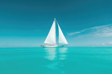 Obraz premium majestic sailing ship with billowing white sails glides effortlessly on calm turquoise waters under clear blue sky
