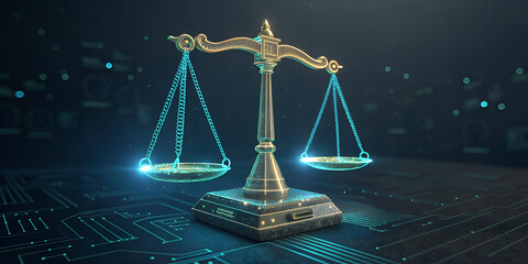 A futuristic, digital-style set of glowing scales of justice, levitating in mid-air. The scales emit a soft neon blue and gold glow, symbolizing fairness and law. The background is dark with subtle 