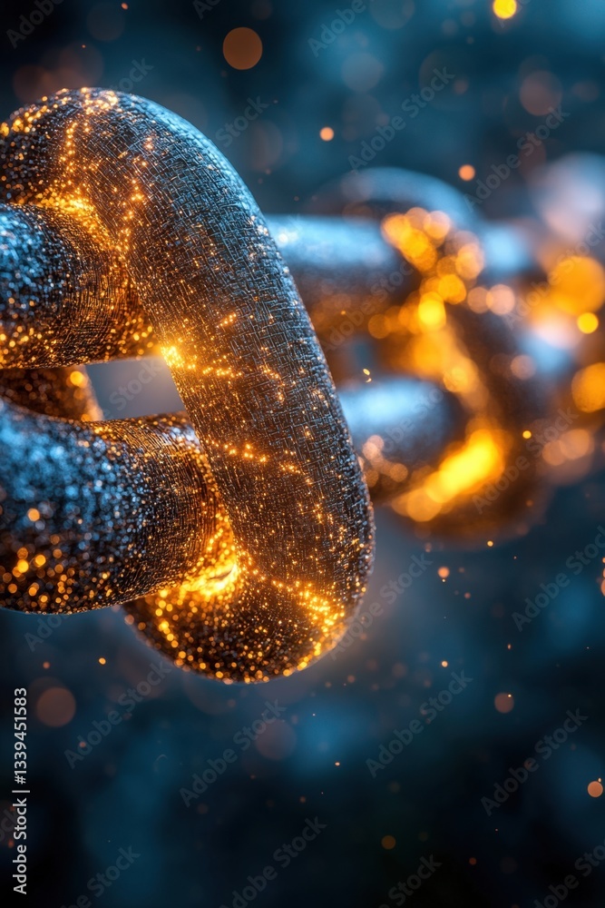 Poster metallic chain link with glowing particles on dark blue background in macro shot with bokeh effect