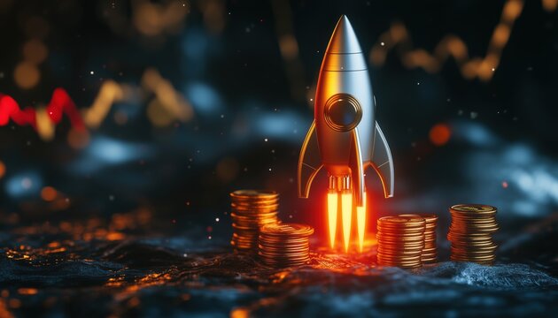 Advanced Data Analytics For Financial Growth: Digital Marketing Rocket Boosts Seo In Business Investment With Coin Stacks. Visual Render.