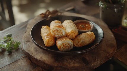 Trendy Scene of Traditional Filipino Lumpia in Rustic Setting: Golden Crispy Spring Rolls with Savory Filling