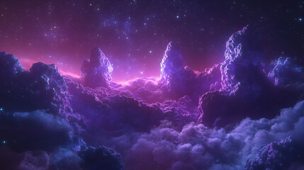 Celestial Dreamscape: A mesmerizing view of a dreamlike landscape with soft, fluffy clouds in shades of purple and blue, reminiscent of a cosmic ocean. 