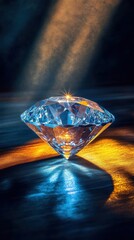 Radiant diamond gemstone reflecting light on dark wooden surface with golden glow and blue undertones