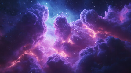 Cosmic Nebula: A vibrant and dynamic scene depicting a cosmic nebula with swirling clouds of purple, blue and pink hues, against a dark backdrop sprinkled with twinkling stars.