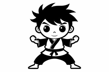 cute little karate boy line art silhouette vector illustration