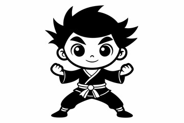 cute little karate boy line art silhouette vector illustration