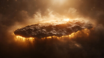 Cosmic Inferno: A celestial body ablaze with fire and light. A digital painting of a meteor shower through smoke and clouds creating a dramatic scene of power and cosmic beauty.