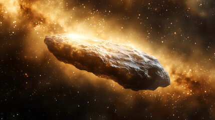 Cosmic Voyager: A celestial body, perhaps a comet or asteroid, streaks across the cosmos, surrounded by a radiant, fiery glow, capturing the awe-inspiring beauty of space exploration