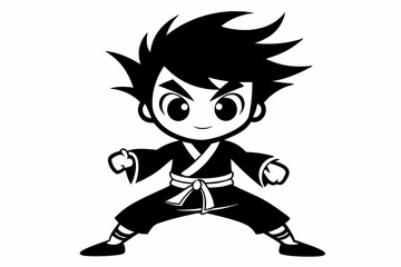 cute little karate boy line art silhouette vector illustration