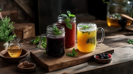 Trendy rustic scene with wellness drinks: herbal tea with mint, honey lemon ginger tea, berry chia seed smoothie in rustic mugs and glasses on a wooden board.