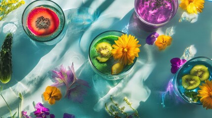Playful, colorful scene with wellness drinks: spirulina smoothie bowl, kiwi cucumber detox water, acai berry smoothie in bright glasses or bowls with garnishes.
