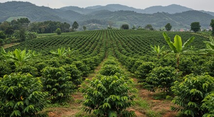 Naklejka premium Viewing Coffee Plantation Rows with Trees and Mountains in Background