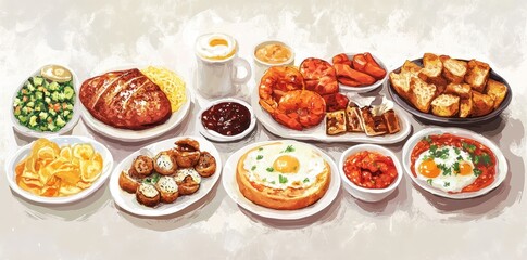 Fototapeta premium A vibrant colorful artistic depiction of a variety of dishes