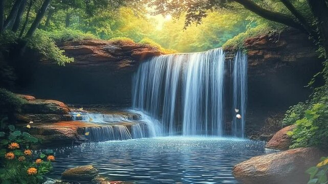 Serene waterfall cascading down mossy rocks into a tranquil pool, surrounded by lush greenery and sunlight filtering through the trees, Seamless looping time lapse animation video background.