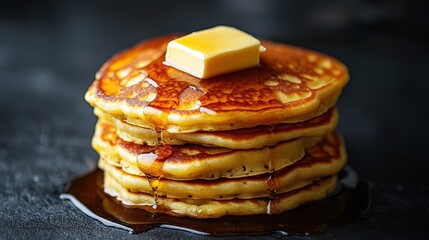 Stack of Golden Pancakes Topped with Melting Butter and Drizzled with Sweet Syrup on Dark Background