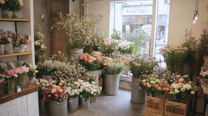 Naklejka premium A cozy florist shop filled with gorgeous flower bouquets in vintage metal buckets and wooden crates.