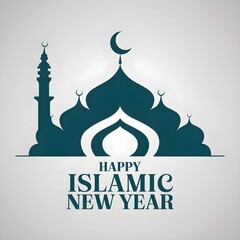 Enchanting happy islamic new year background with mosque silhouette and crescent moon and texts