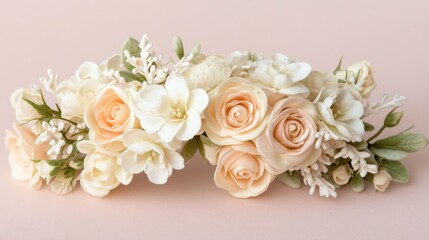 A delicate wedding floral composition featuring blush and white roses, set against a pale pink gradient background.
