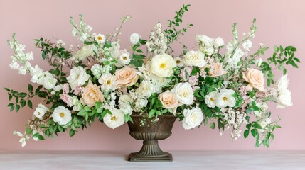 A delicate wedding floral composition featuring blush and white roses, set against a pale pink gradient background.