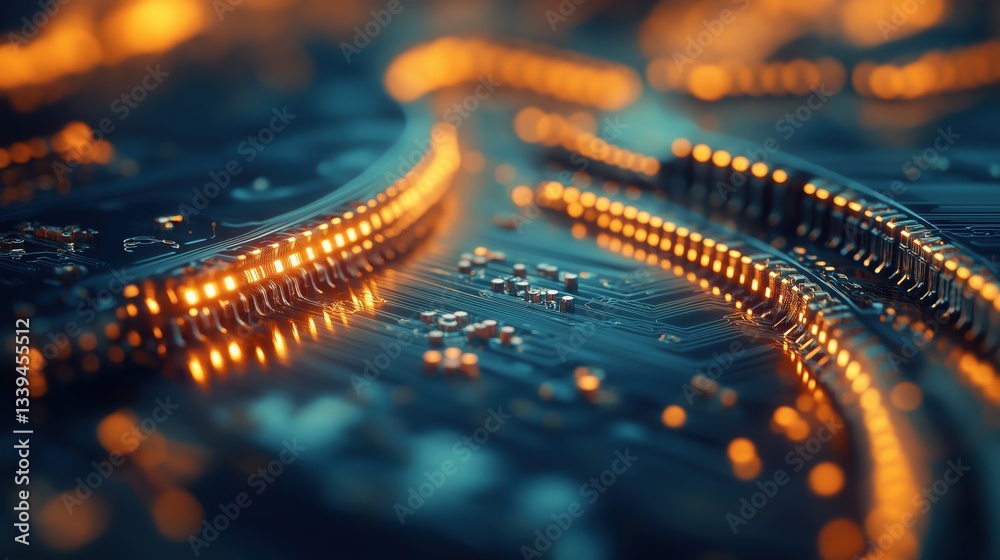 Poster Close-up of electronic microchip on a luminous circuit board with detailed connections