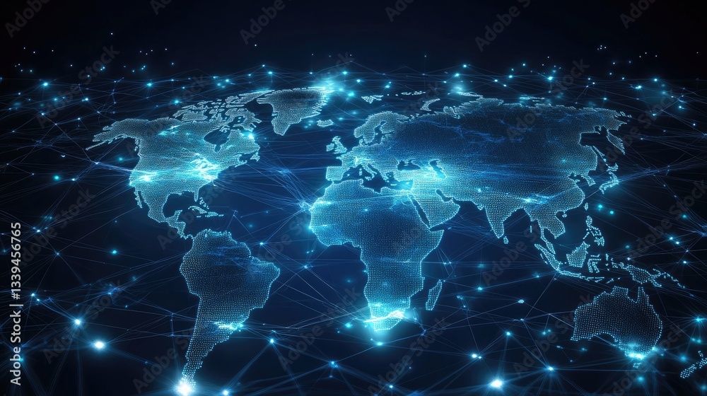 Poster a digital world map with interconnected lines symbolizing global networking.